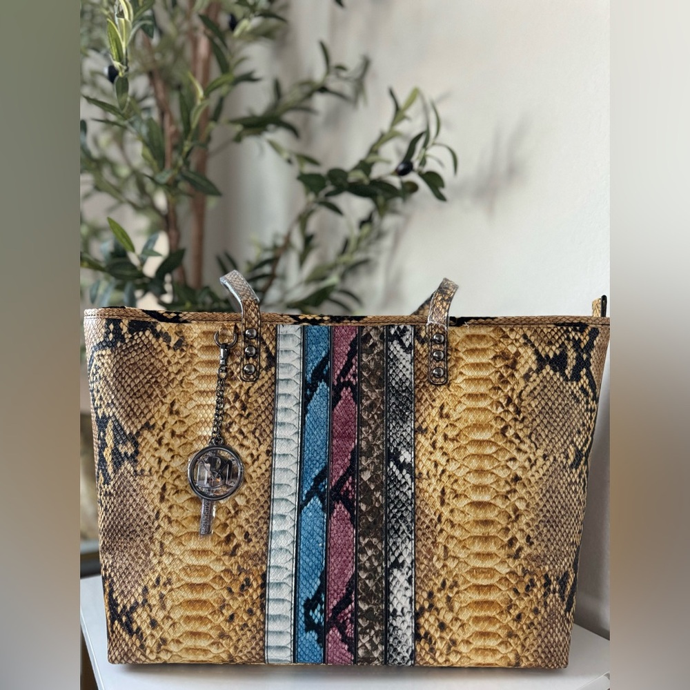 Badgley Mischka Mustard Snake Print Design Large Tote Bag